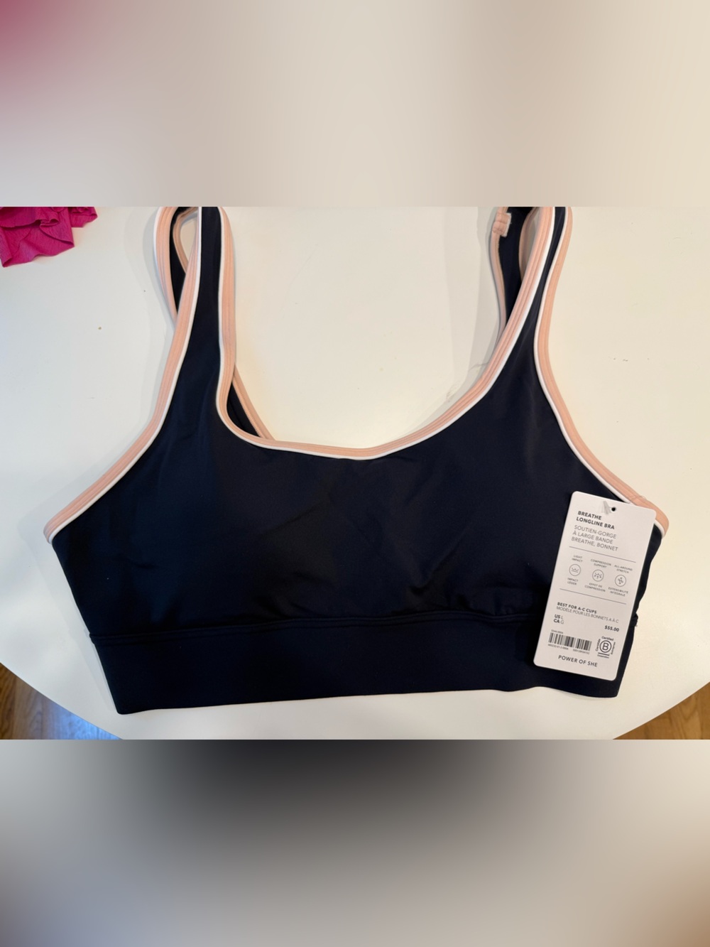 Athleta Navy and Pink Breathe Long Line Bra Large